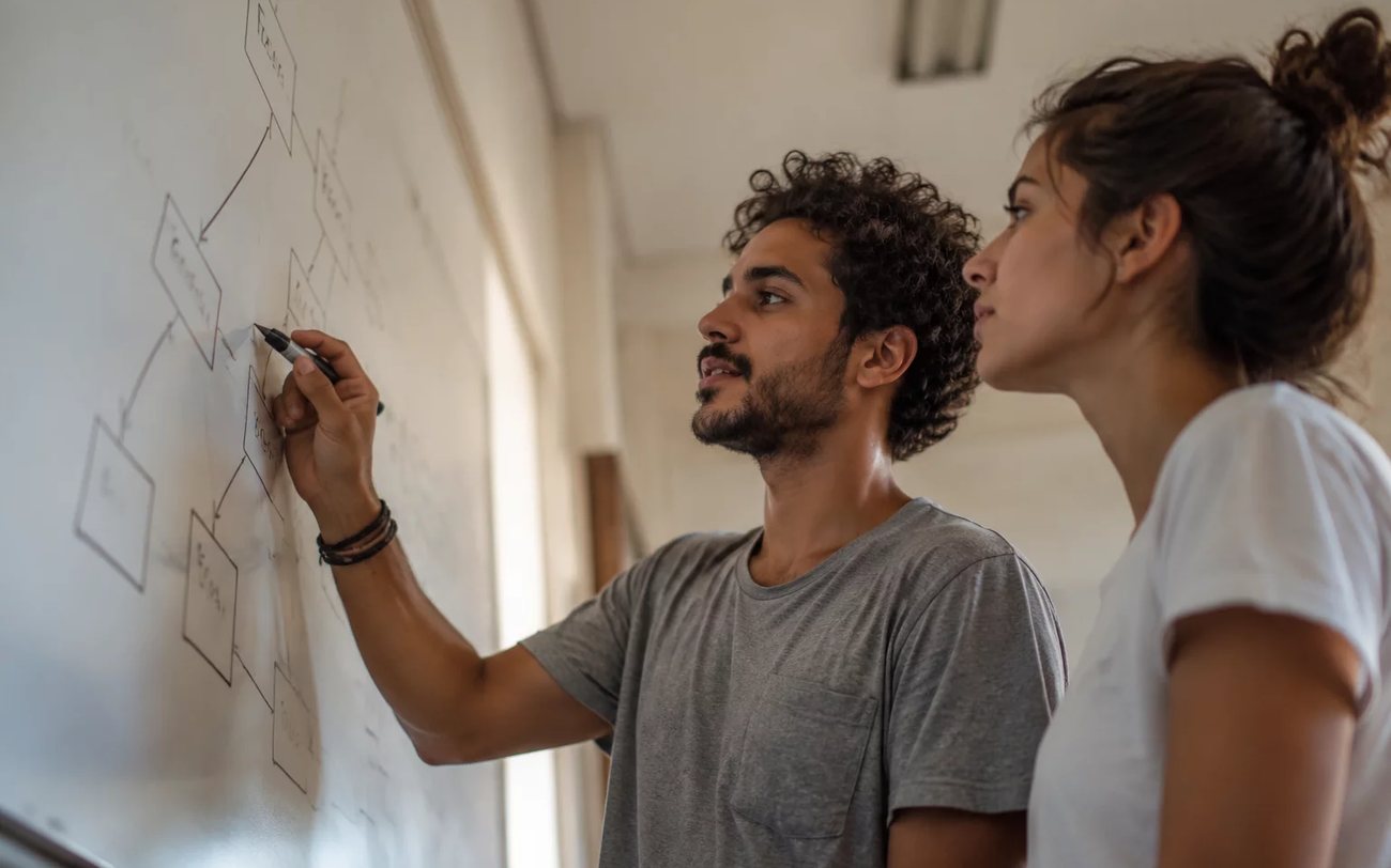 Duas pessoas em pé diante do quadro branco, desenhando a estrutura de um argumento